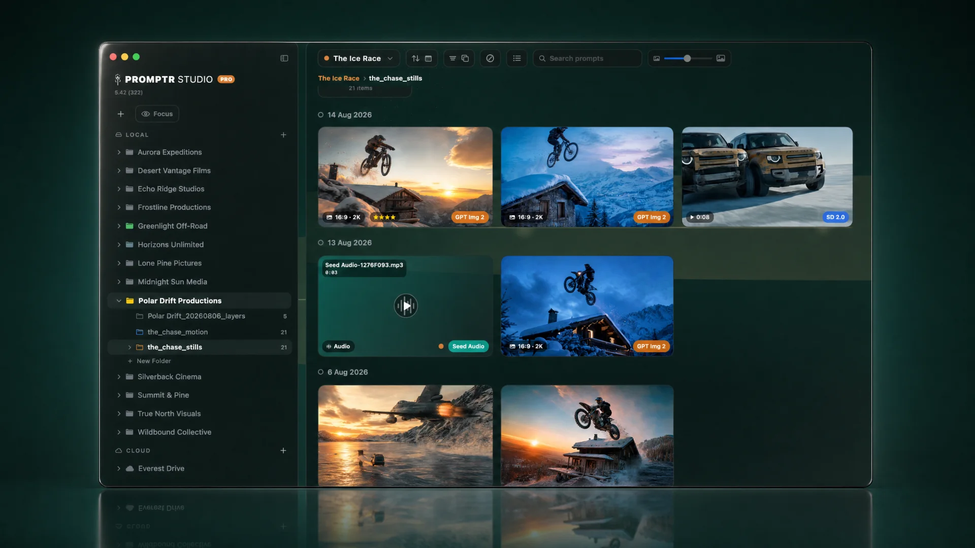 Promptr Studio Pro workspace with local and cloud project folders